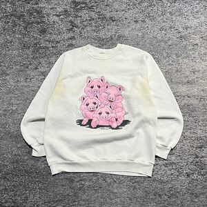 Vintage 90s Pig Crewneck Sweatshirt Size Medium White Animal Grandma Grandpa